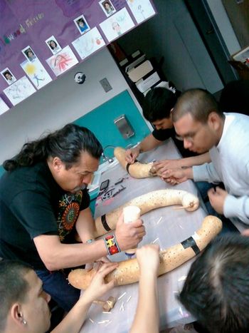 Gourd Rain Stick workshop - High School & up...very involved methods but safe ans fun!!! These are my continuation students having a great time!!!
