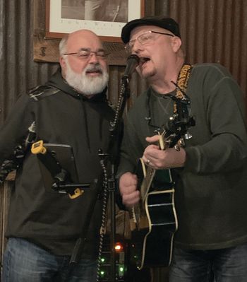 Mike Kocinski joins Thad Requet on stage during Mike's birthday on Saturday, Jan. 23 at White Mule Winery and Bed & Breakfast outside Owensville, MO.
