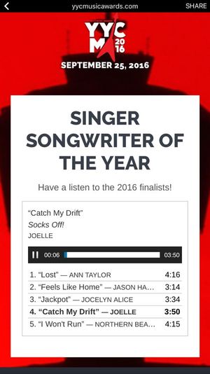 JOELLE nominated for YYCMusic awards 2016 for Singer Songwriter of the year.