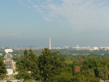 Beautiful view from Arlington, across the Potomac river towards Washington, D.C. Lincoln Memorial to the left, Washington Monument in center, Capital building in the distant right. Awesome!
