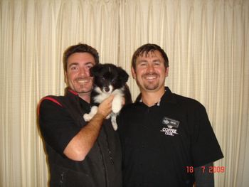 Ionaborda Jack McLeod - Pup 3. Andrew Rofe & Nick Aird with Jack. Jack has a play mate at home, Jade another Border Collie (Choc/White).
