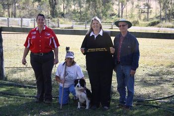 Rosie gained her second HIT Sash on Sunday 20-05-12 with a high score of 86 points at our Herding Club Trial Weekend. 2 legs down now and only one more needed for her HSAs title. L-R. Jane Humphrey (S.A. Judge), Anne Mitchell, Rosie, I am holding the sash and Peter Mayne (Qld Judge).
