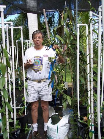 Pugs sometimes come out here in the shade house with Jeff or I to keep us company while we pollinate the Vanilla in the Spring.
