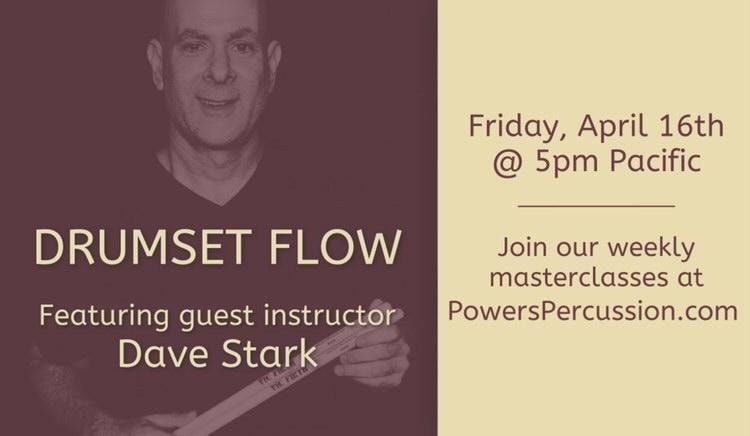 From Mark Powers : I am excited to host my friend Dave Stark as he joins us for a masterclass on Friday, April 16th. • His session, Drumset Flow, will focus on revamping your technique to be looser and to flow evenly around your kit. • Message Mark or myself for the link!