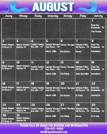 August Monthly Calender @Beachbox Cafe
