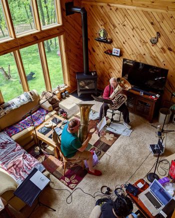 Overhead shot of Christopher Bird(left) and Dr. Gary Bird(right) performing Conrad de Jong's "Music for Two Tubas." Photo Credit: Julie Elias Bird
