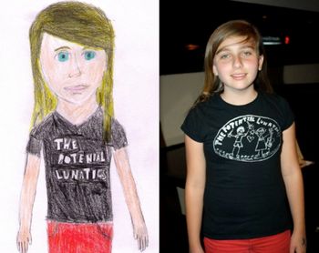 Our awesome fan Jessica in a tpl shirt. A picture she drew of herself on the left
