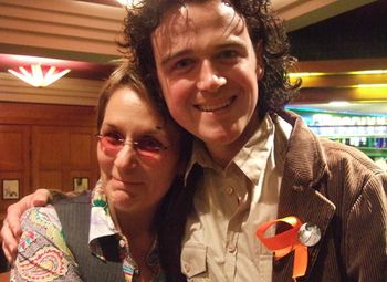 David and Mary Gauthier after a gig in Edinburgh, October 2007. Mary and David went to a vigil earlier that day for the people of Burma (see the ribbon).
