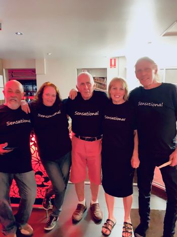 Shar with the gang at Dolly's Bar, Darwin, 2019. Shirts as part of fundraising for Kids with Cancer Concert.
