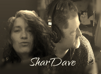 SharDave photos - recording in the 'caravan studio', 2021.
