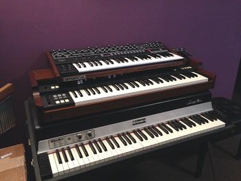 Vintage stack! from bottom up: Fender Rhodes Stage 73, Korg CX-3, Sequential Prophet 6
