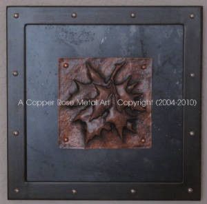 Chased 32 oz. Copper Maple Leaf Tile with Steel Backing and Frame.
