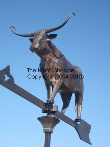 Custom Large Copper Longhorn Steer Weathervane with Custom Copper Finial and Forged Iron Directional Features #2 / Location: Los Olivos, CA
