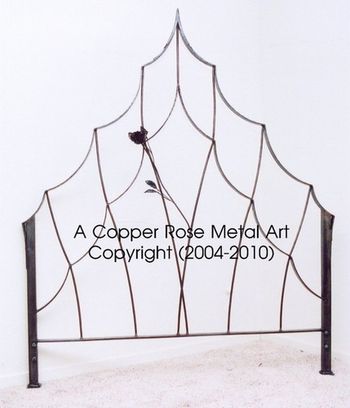 Willow Style Forged Iron Headboard with copper rose / Location: Longbeach, CA A Copper Rose Metal Art
