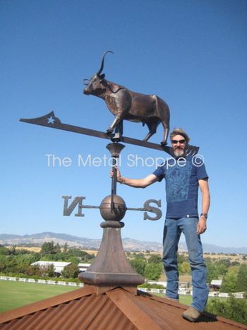 To Represent Scale: Custom Large Copper Longhorn Steer Weathervane with Custom Copper Finial and Forged Iron Directional Features / Location: Los Olivos, CA
