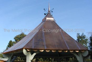 Custom Whimsical Seamed Copper Roof for Gazebo - Custom Copper Finial with Forged Iron Art / Location: Fresno, CA
