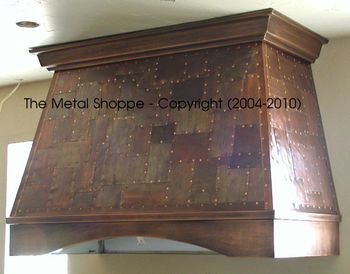 Copper "boiler maker" style patchwork kitchen hood with custom welded molding and trim / Location: Chowchilla, CA
