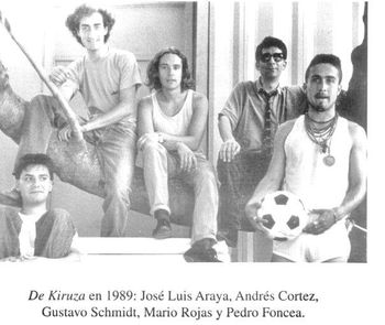 Dekiruza in 1988, founder formation from left to right: Jose Luis Araya "Pepe", percussion and vocals, Andres Cortez, Bass and Vocals, Gustavo Schmidt, Keyboards and Vocals, Mario Rojas, Guitar and Vocals, Pedro Foncea, Drums and Vocals.
