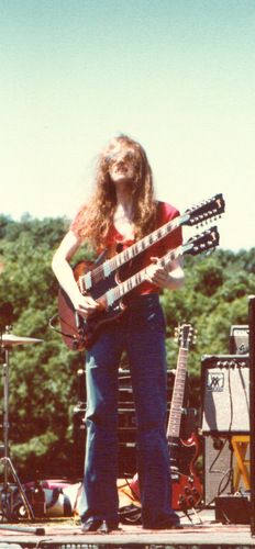 Dave jams on his customized Gibson SG Doubleneck guitar, circa 1980.
