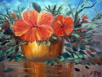 'Hibiscus in the Flower Pot' 18 by 24" Oil on Stretched Canvas. Palette knife made Hibiscus Flower. Painted Oct. 16th, 2009
