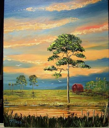 "Fire Sky Farm" 16 by 20" Oil on Masonite Board. Palette Knife & brush. July 23rd 2008 (SOLD - Collector from Jupiter, Florida)
