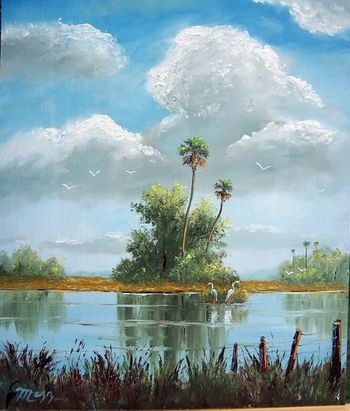 Scenic Pond 16 by 20" Oil on Masonite Board. Lots of palette knife & brush. Painted Dec 11th, 2006 (SOLD - Collector in Dunedin, FL)
