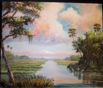 'Florida Country Wilderness' 20 by 24" Oil on Masonite Board. Lots of Palette knife & brush. Dec. 7th 2007. (The Original was DESTROYED.)
