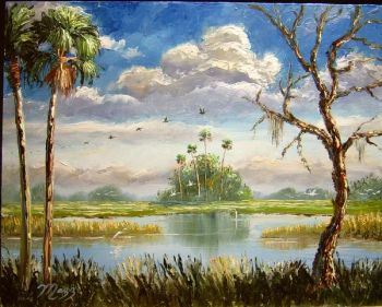 'Florida Everglades' 16 by 20" Oil on Masonite Board. Palette knife & brush. Painted Jan. 13th, 2008 (Original painting was DESTROYED.)
