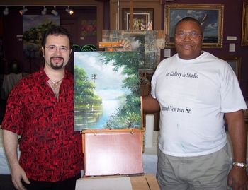 Florida Artist Mazz painting with Famous Artist Sam Newton. August 27th 2006.
