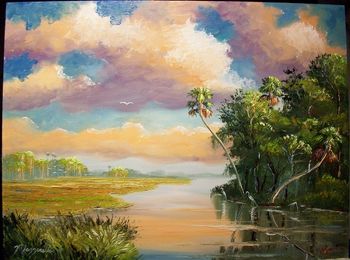 "Cabbage Palms Along the River" 18 by 24" Oil on Masonite Board. Palette Knife & brush. September 1st, 2008 (In PRIVATE COLLECTION) You can  Buy a Framed  or Unframed Print Here! 
