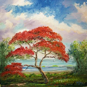 "Royal Poinciana Painting"16 by 16" Oil on Masonite Board. Palette Knife & brush. Aug. 10th 2008
