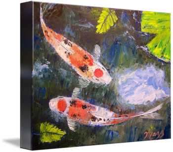 "Taisho Sanke Koi Fish" 11 by 14". 100%Palette knife. Taisho Sanke (tay-sho san-ke), are three colored Koi first developed during the Taisho era in Japan (1912-1926). Their base color is white with red and black markings. This type is called the 'Maruten' which has the 'crown' marking on the head. Oil by Mazz. Painted Nov 6th 2009. ( Original is SOLD to a Collector from Temple, Texas) or ;  BUY Quality Framed KOI PRINTS HERE!
