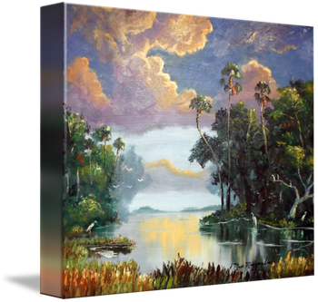 'Florida Wilderness Clouds & Egrets' Oil Paint on masonite Board. 20 by 24" Loads of Palette knife work and brush. Painted June 4th, 2013. (SOLD - this Original by a Collector from Nokomis, FL)  but you can..... Buy a Quality Framed Print Here! 
