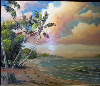 'Tropical Beach' 20 by 24" Oil on Masonite Board. Lots of Palette knife work, plus brush. Oct 9th, 2007(SOLD - Collector from Laguna Niguel, CA)
