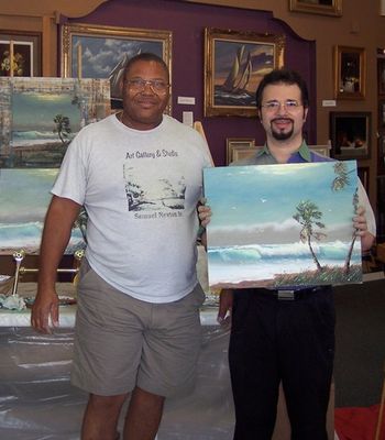 Sam Newton and Mazz. "I've always been a Fan of Harold Newton and Sam Newton Paintings. I've learned several advanced knife techiques from Sam Newton which complement my style nicely. I always enjoy painting with Sam Newton" (Painting by Mazz, July 30th 2006)

