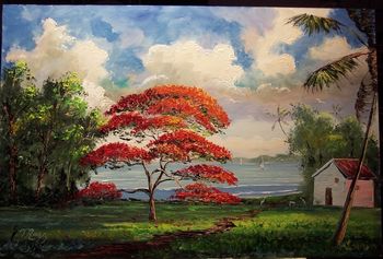 'Royal Poinciana Riverview' 24 by 36" Oil on Masonite Board. Loads of Palette knife. Dec. 8th 2007 (SOLD - Collector from Lakeland, Florida)
