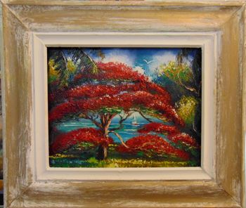 'Red Royal Poinciana Tree and Sailboat" Oil on board, 8 x 10". Loads of Palette knife work. April 2024  ( This was a April 13th 2014 painting and Mazz added more trees 10 Years Later on April 2024)
