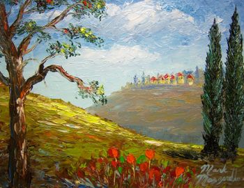 'Tuscany town on a Hill'  11 by 14". 100% Palette knife. Jan. 14th 2014. ( ORIGINAL is SOLD to collector from New Baden, IL )  But you can BUY TUSCANY GIFTS HERE!
