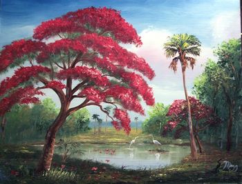16 x 20" Royal Poinciana. Palette Knife & brush. Oil on Board. Painted October 21st, 2006
