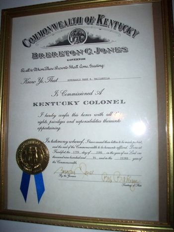 STATES HIGHEST HONOR The Honorable Mark Mazzarella, is Commissioneda Kentucky Colonel by Governor Brereton Jones & Secretary of State Bob Babbage at theState Capitol in Frankforton June 27th 1994
