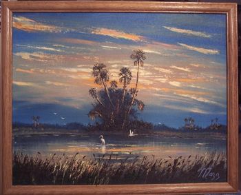 16 x 20" Oil on Canvas board. Painted in 2004 but Mazz later added a flying bird and the tall palm tree on the right during March 2006.
