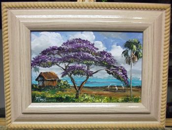 'Tropical Jacaranda'  Thick knife painting. Oil on board.  8 x 12" (SOLD - this Original is Owned by a Collector from Swansea, MA) But you can..... Buy a Quality Framed Print Here! 
