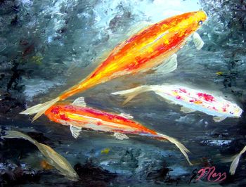 'Koi Fish Painting' 16 by 16" Oil on masonite board, Brush and Palette knife work. Painted Oct 8th, 2009.
Original in Private collection BUT you can   BUY KOI PRINTS HERE!
