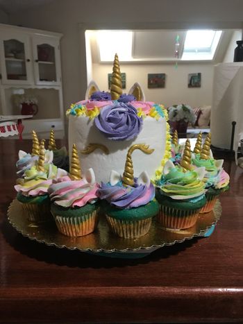 Unicorn cake and cupcakes

