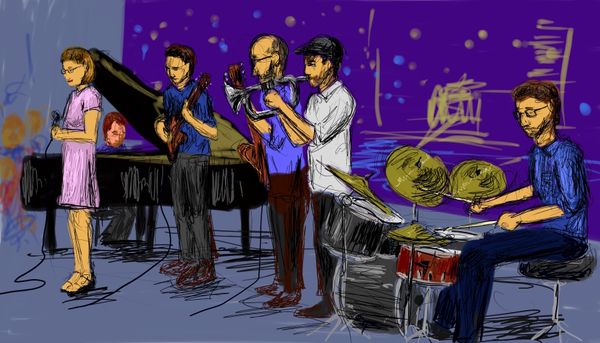 A drawing by an audience member at the Brisbane Jazz Club of the "Wood and Wire" Quintet, March 2018