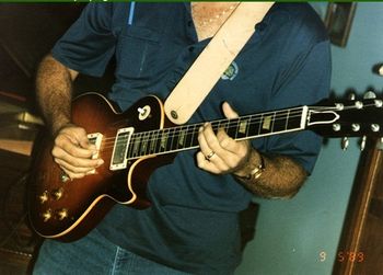 Bob picking Duane Allman's 1959 tobacco sunburst Les Paul in Claxton, GA. Sept. 1989
