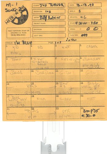 Ike Turner & Billy Rogers "I'm Blue" Duet Studio Track Sheet
