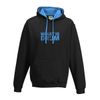 WHAT IS DRUM hoodie. Black with blue logo