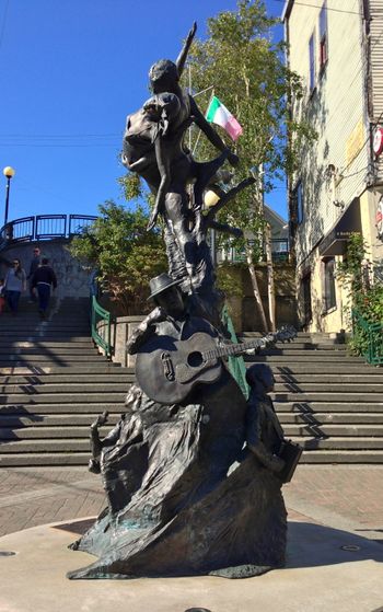 Fantastic statue celebrating the arts on George St., St. John's, called "A Time" by Morgan MacDonald. In Newfoundland, "a time" is a traditional party with lots of music, food, and good Newfoundland humour!
