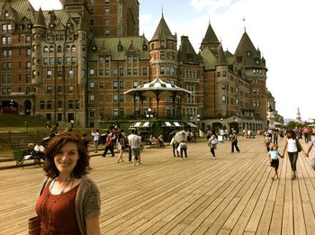 By the glorious Chateau Frontenac, strolling the boardwalk overlooking the Saint Lawrence river.
